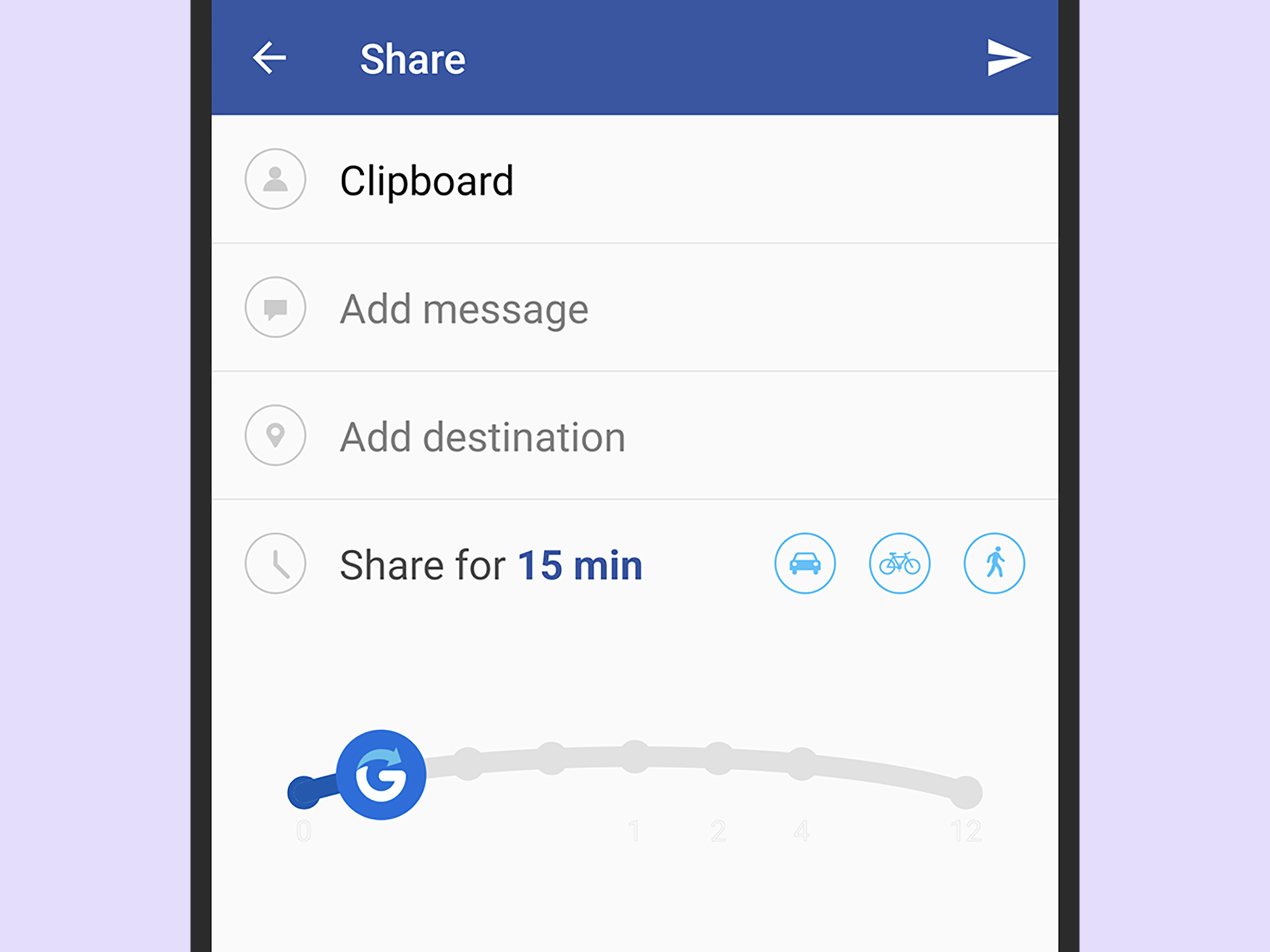 The Glympse app interface, showing options for sharing your location.