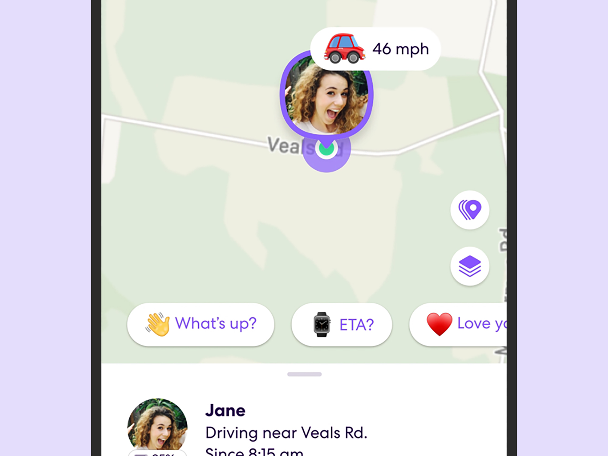 The Life360 app interface, showing a person named Jane driving at 46 miles per hour on a road.