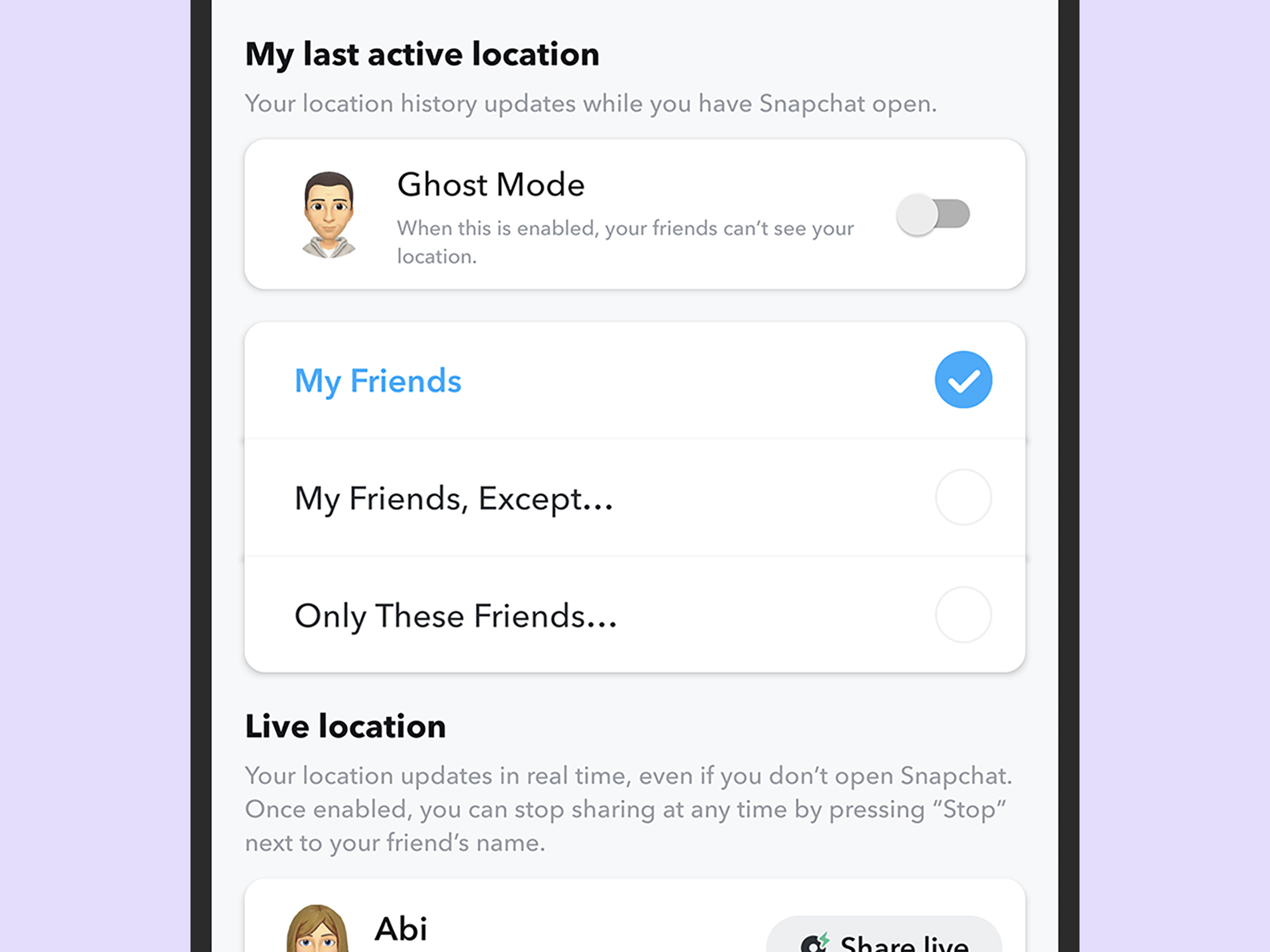 The Snapchat interface, showing how to share your location and other location settings, including Ghost Mode, which will hide you from the Snap Map.
