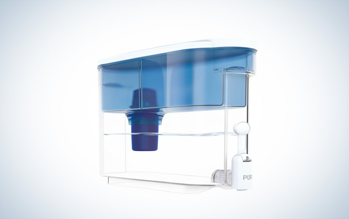 The PUR PLUS 30-Cup Dispenser water filter against a white background