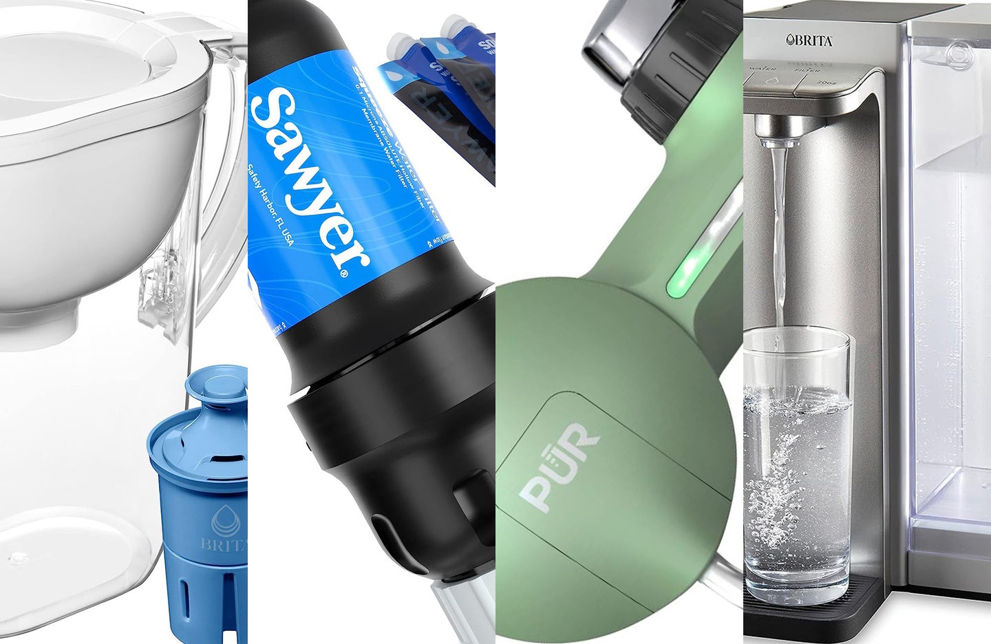 four of the best water filters sliced together against a white background