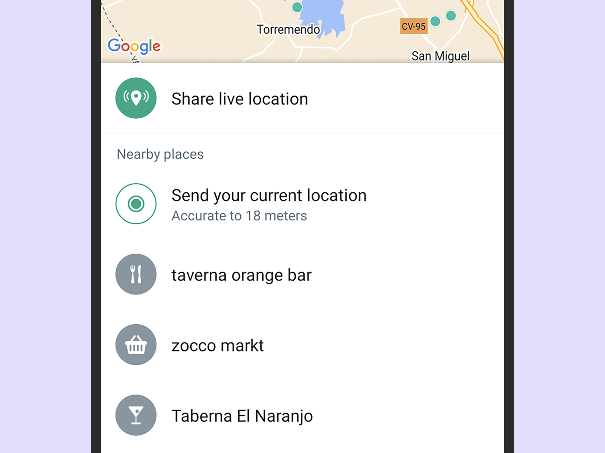 The WhatsApp interface, showing how to share your location.