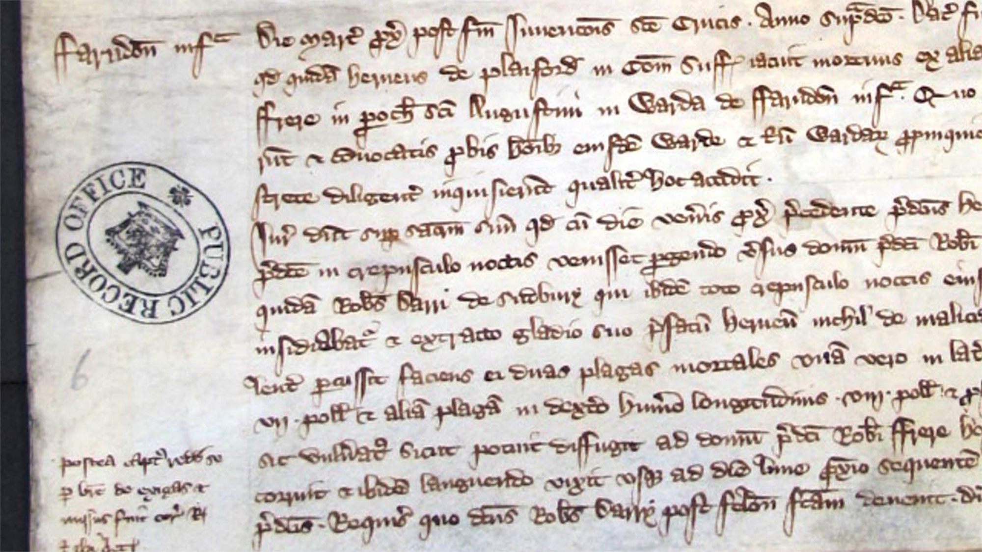 An example of the coroners' rolls, this one recounting the 'Death of Hervey de Playford.â€ It comes from a roll from London documenting 1315 and 1316. CREDIT: University of Cambridge/Violence Research Centre
