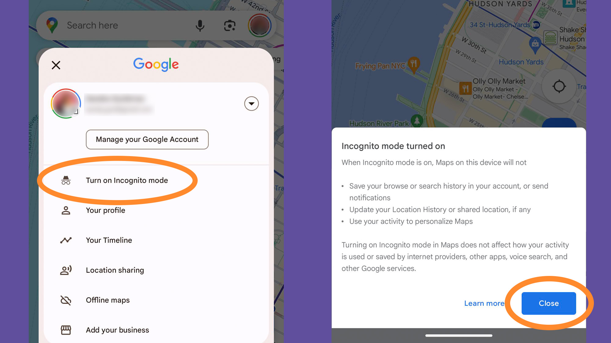Google Maps' incognito mode menu