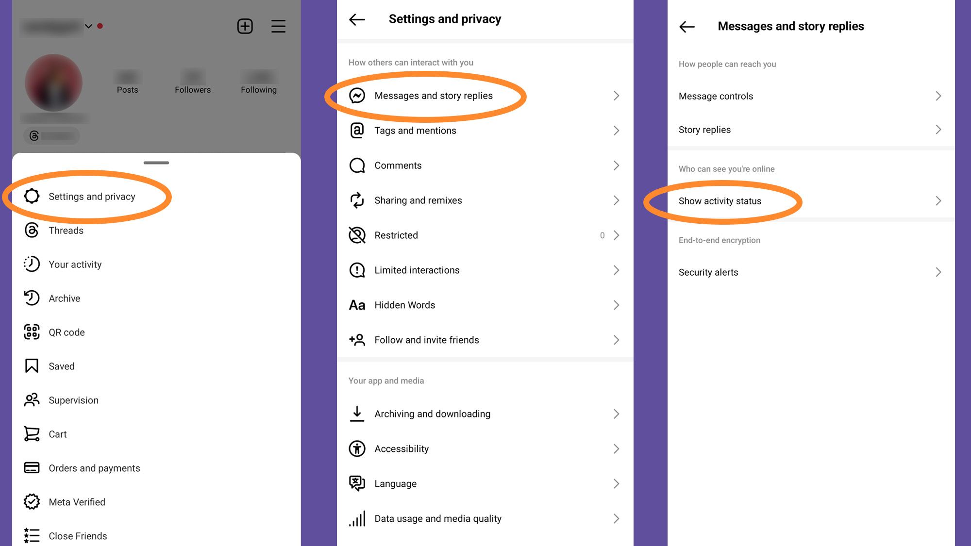 Instagram's privacy settings and activity status menu