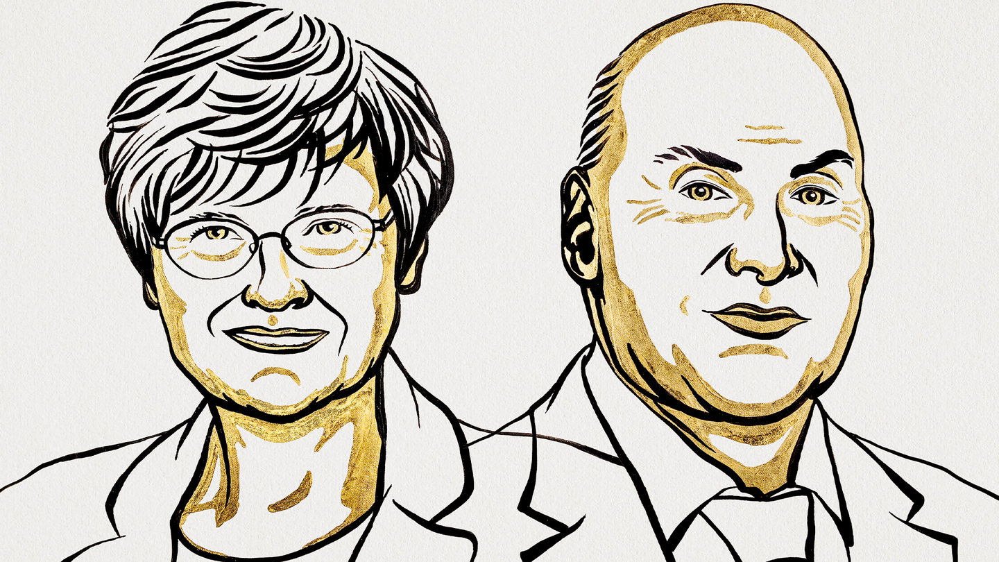 The 2023 Nobel Prize in Physiology or Medicine is jointly awarded to Katalin Karikó and Drew Weissman Katalin Karikó and Drew Weissman. This is an illustration of the two scientists.