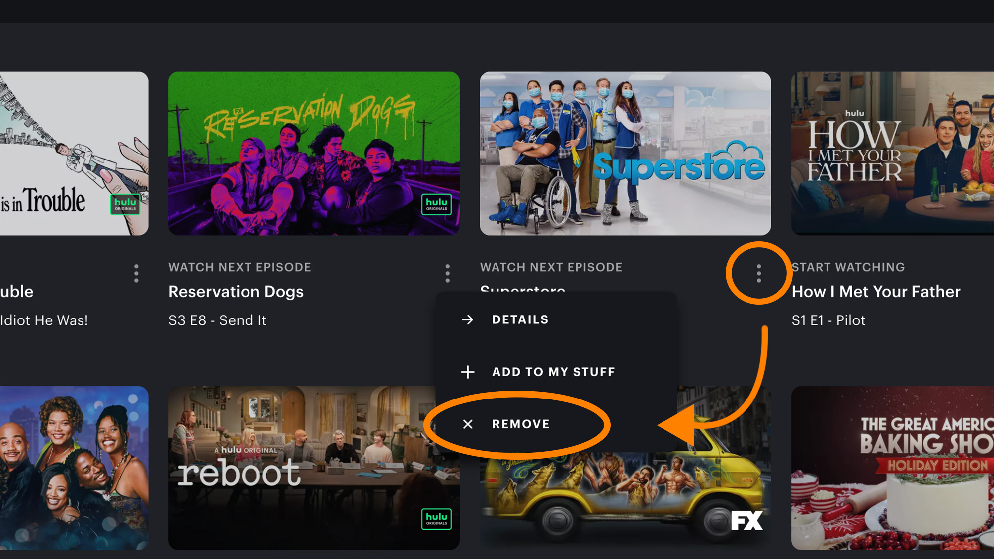 Hulu's remove from viewing history menu