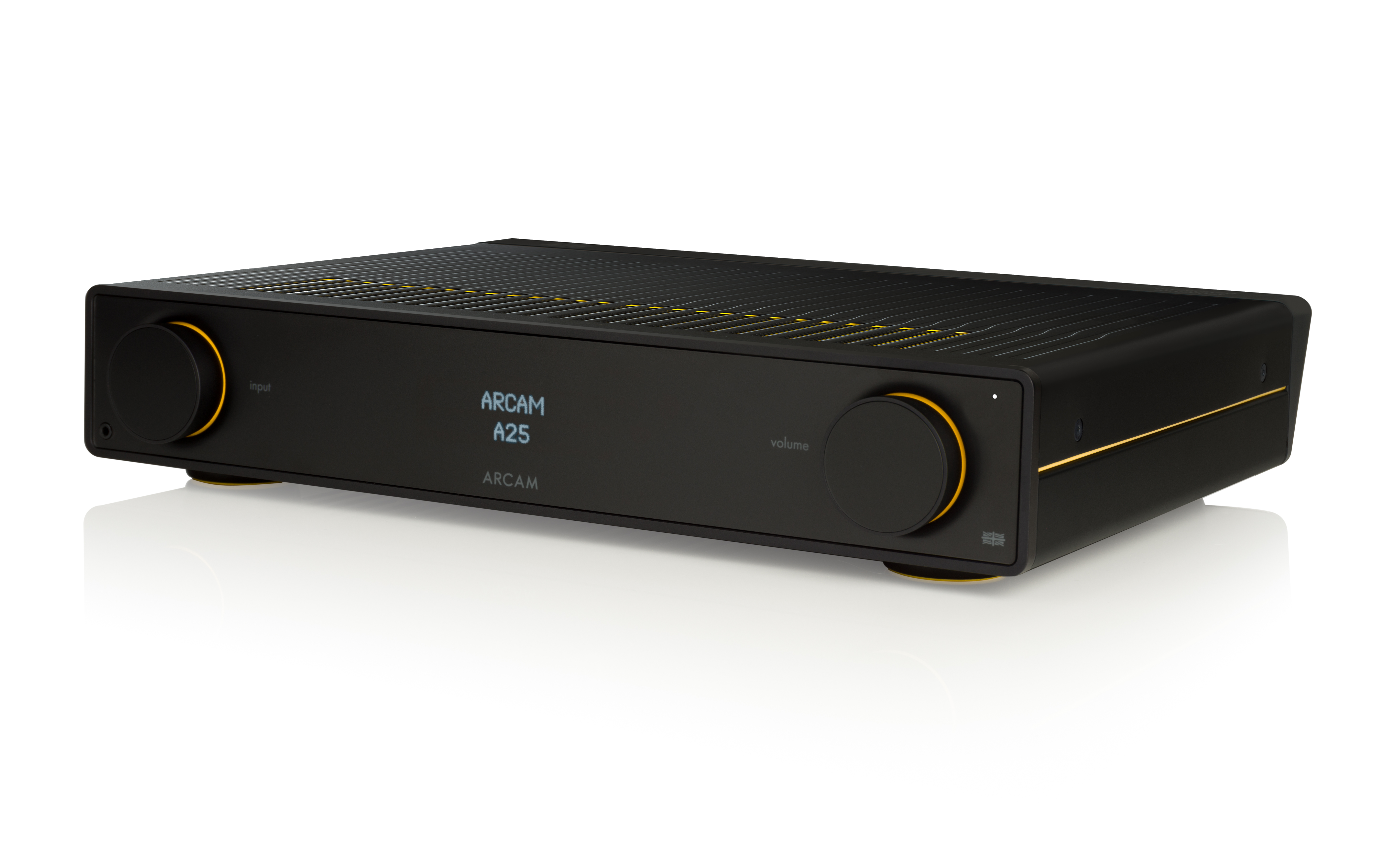 The ARCAM A25 integrated amplifier showing off a stripe of Radia Yellow detailing