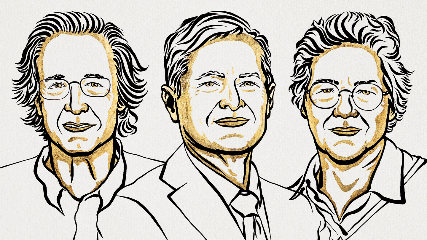 An illustration of Pierre Agostini, Ferenc Krausz, and Anne L´Huillier. The three will share the 2023 Nobel prize in physics.