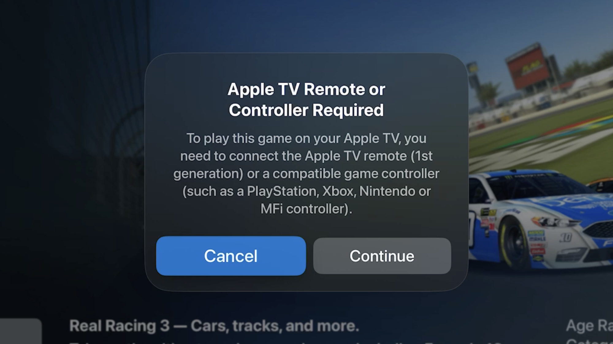 An Apple TV 4K game menu with a popup dialog box showing that a controller is required.