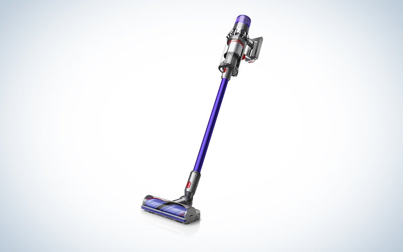 A Dyson V11 purple vacuum on a blue and white background