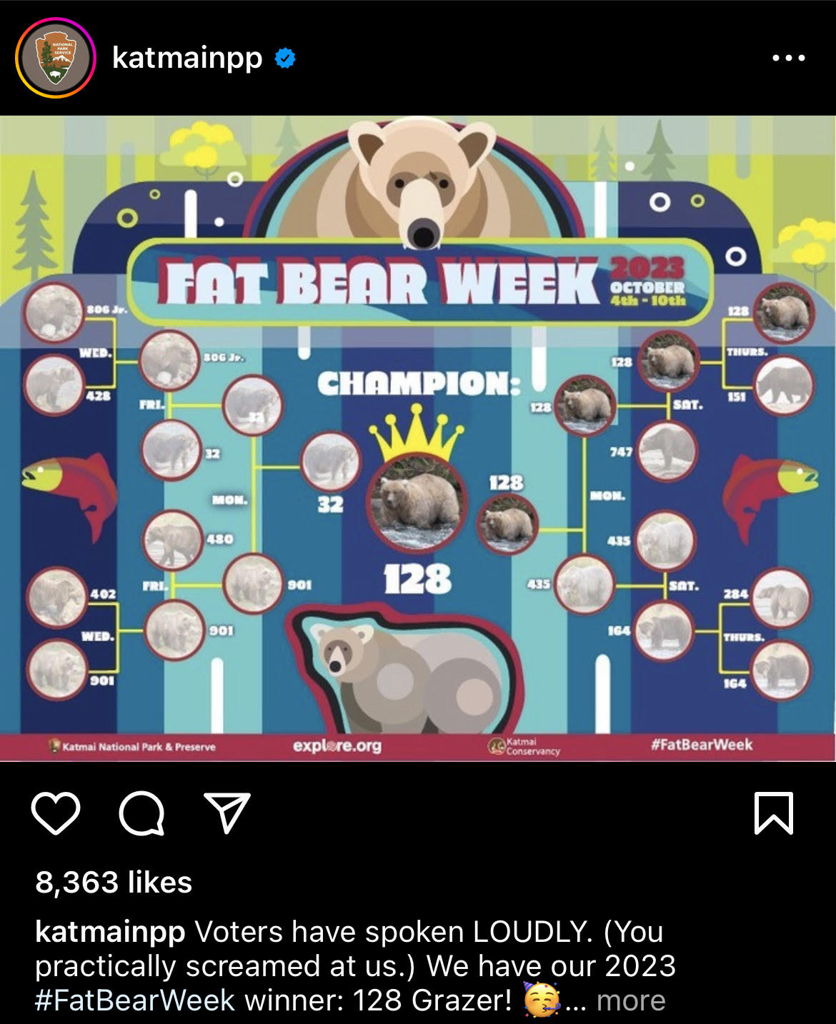An Instagram post from Katmai National Park and Preserve of the Fat Bear Week 2023 bracket, with bear 128 Grazer in the center.