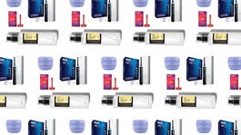 Personal care and beauty products repeating in a pattern on a whilte background