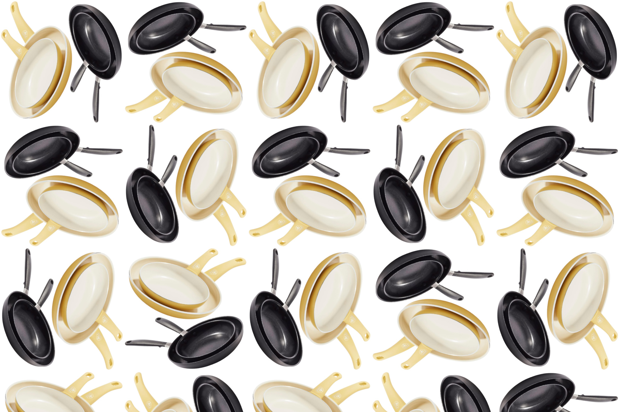 Pots and pans in a pattern on a white background