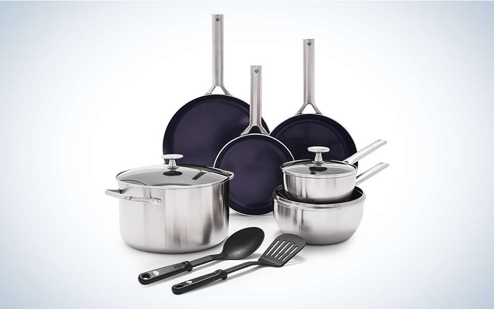 An 11-piece cookware set on sale on a blue and white background