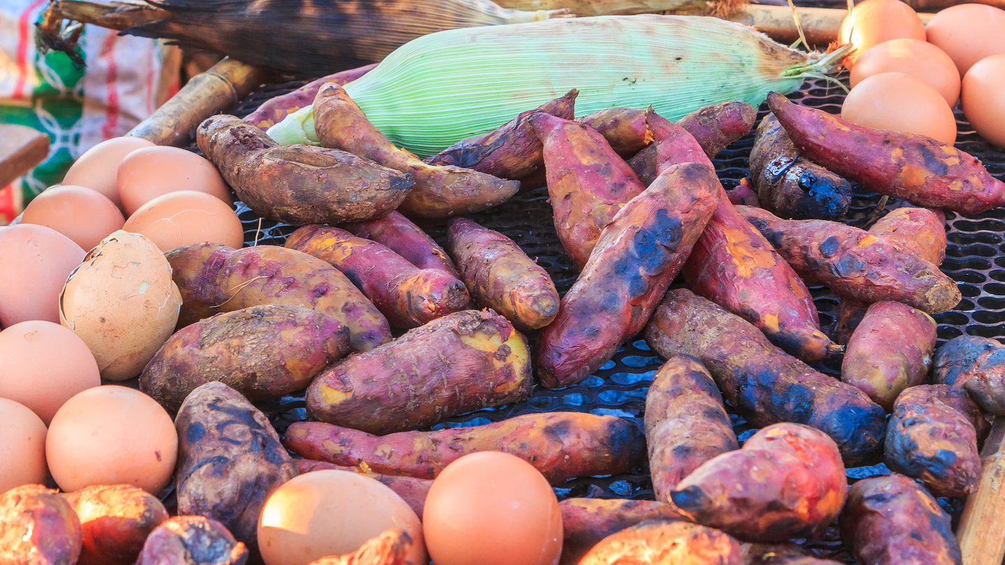 Sweet potato, brown eggs, and corn in a husk on a stove. Traces of sweet potato, peanut, chili peppers, papaya, and more were found in coprolite samples from Puerto Rico.