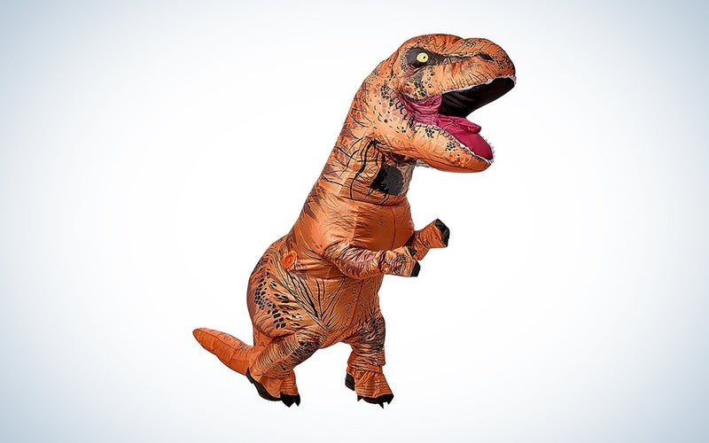 A person wearing a t-rex costume on a blue and white background