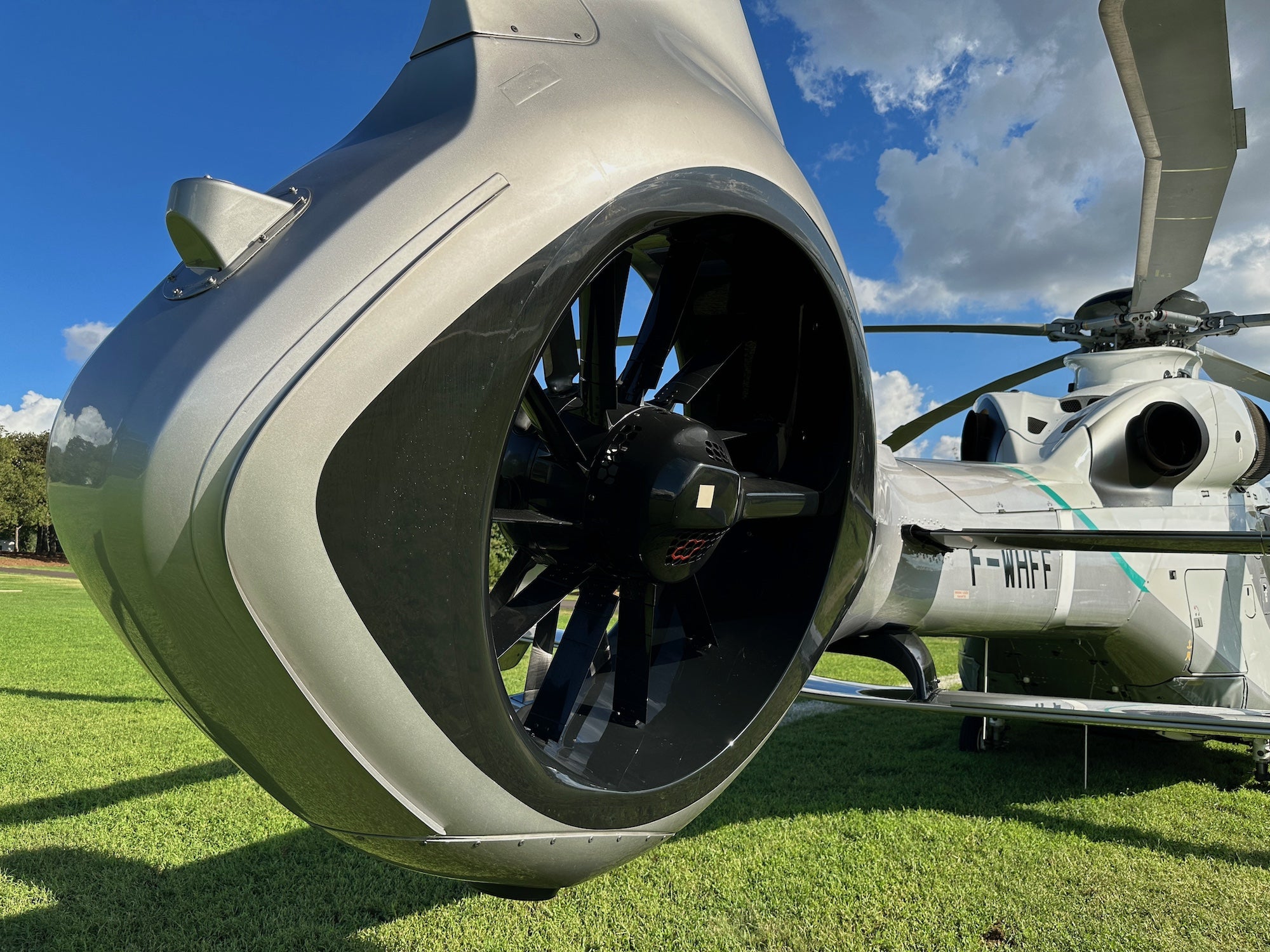 This is the tail rotor of an Airbus H160 helicopter. Notice how it’s tilted, or canted, ever so slightly? The 10-degree tilt gives the helicopter a tiny bit of lift—about 1 percent. (The vast majority comes from the main rotor, up top.) While some tail rotors just have blades that spin freely in the air, the ones that are enclosed like this are called Fenestrons. 