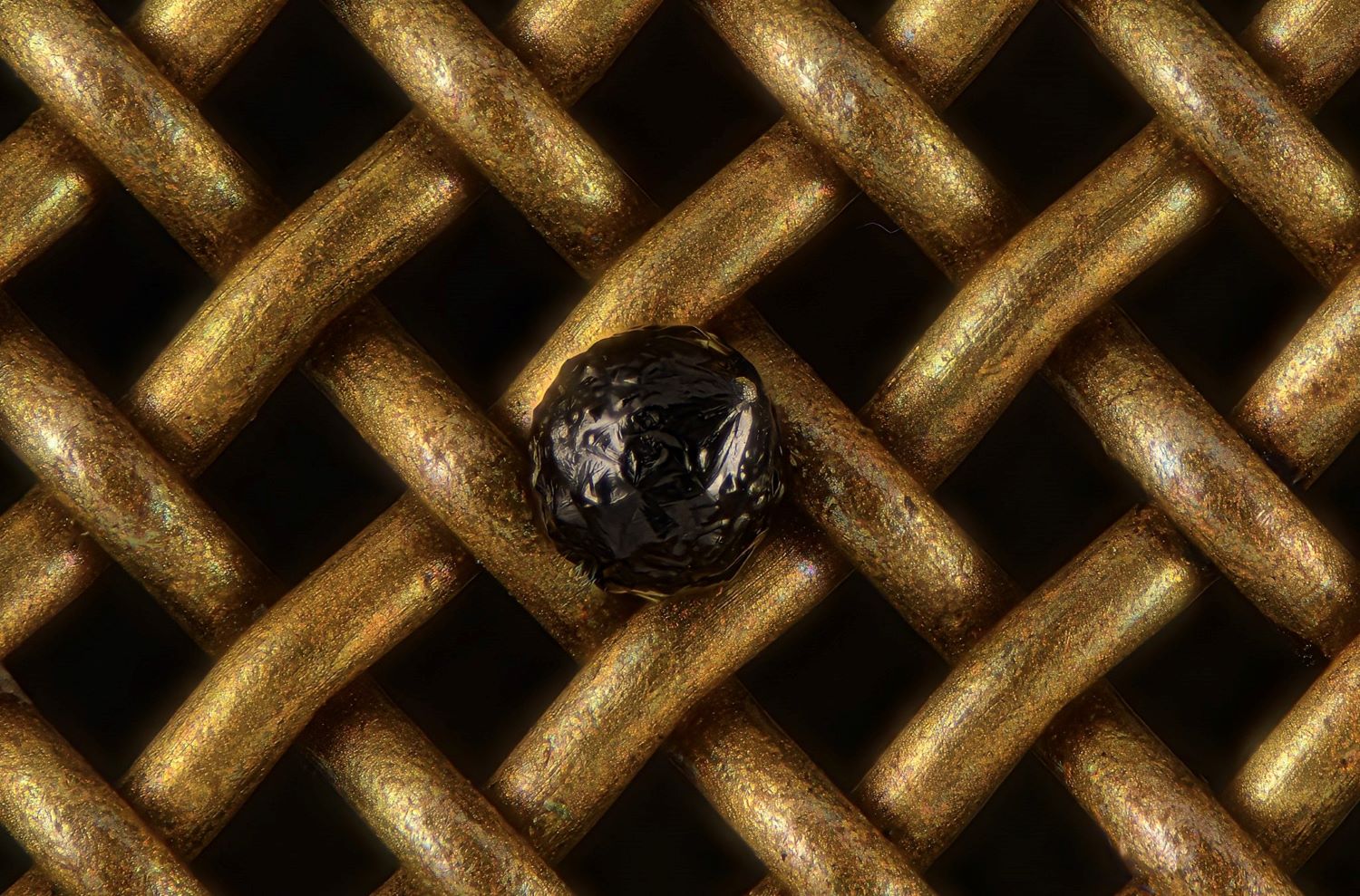 A black micrometeorite on a golden metal mesh.
