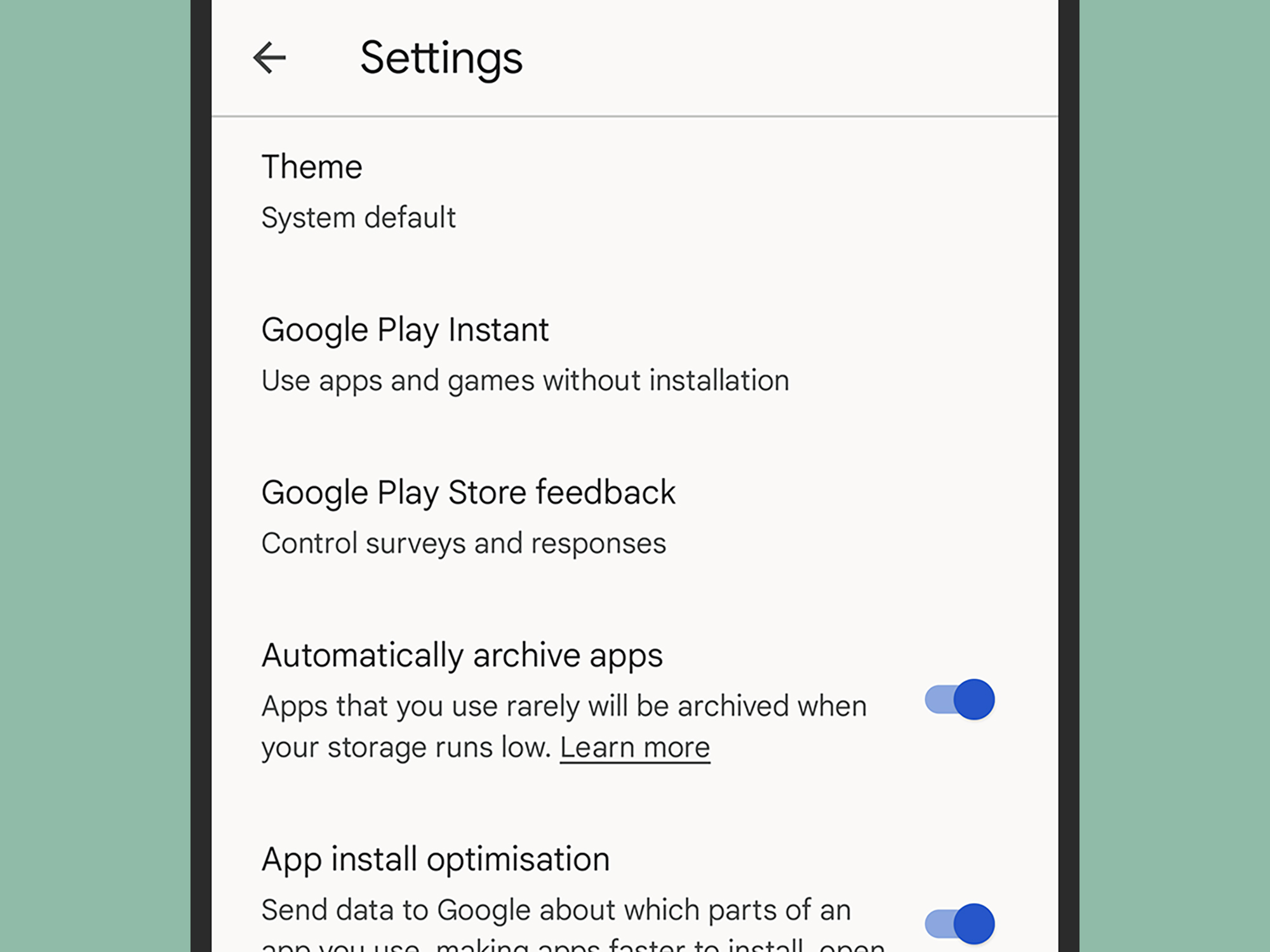 The Android settings screen, showing options for automatically archiving apps when they've been unused for a while.