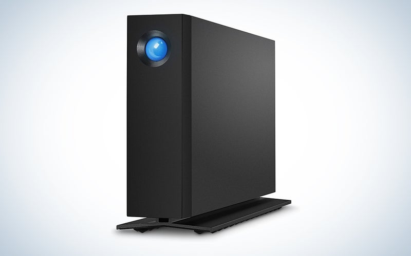 Black LaCie Professional external drive for Macs standing upright in a product frame