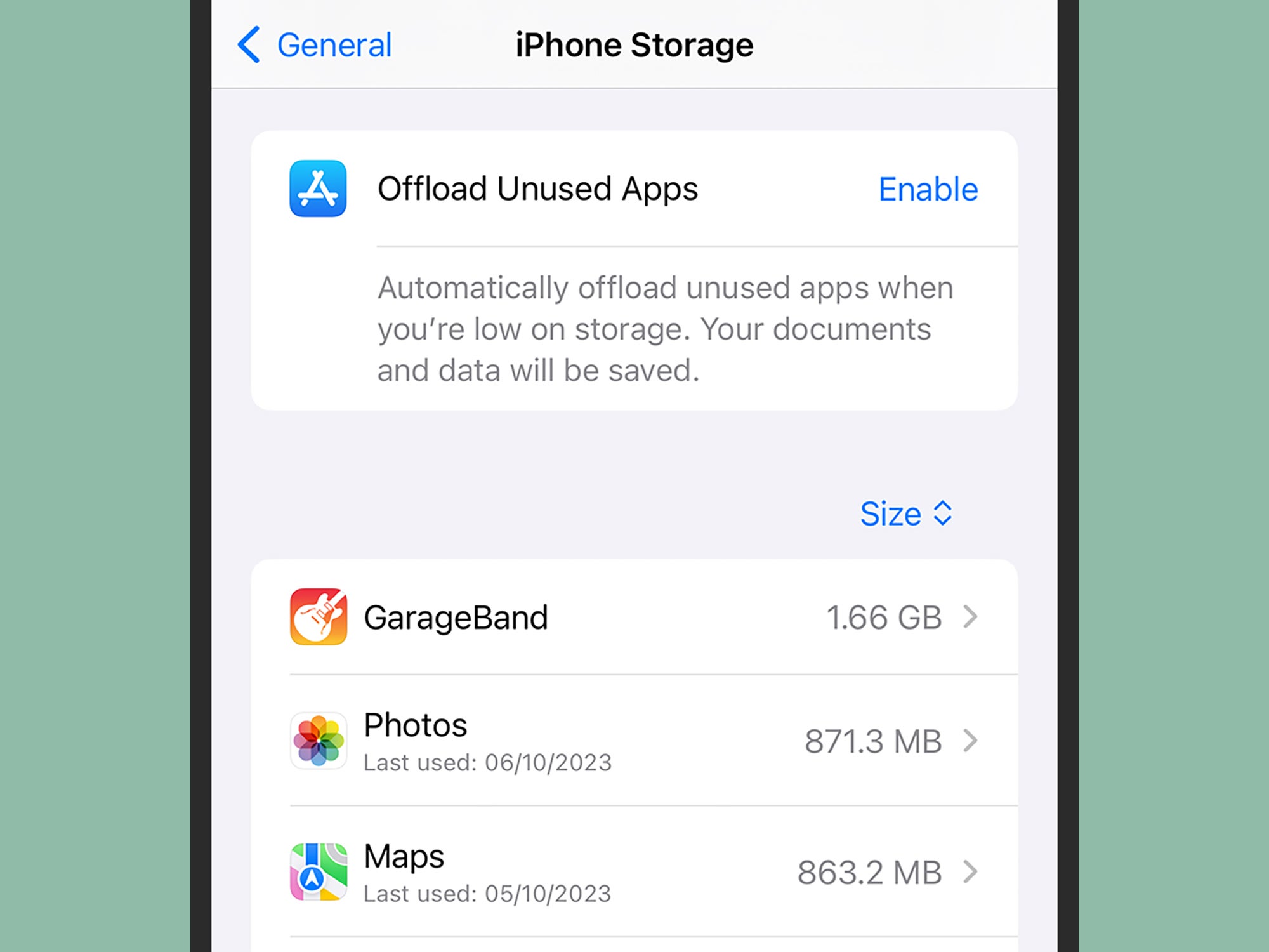 The iOS Settings app, showing the iPhone Storage screen and the option to offload unused apps.