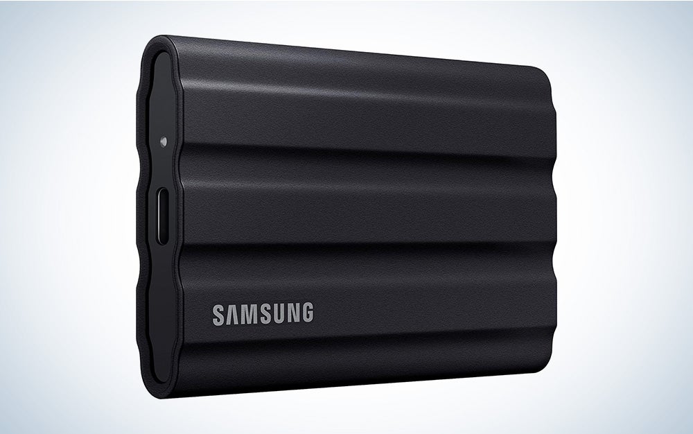 Black Samsung T7 rugged SSD in a product card frame