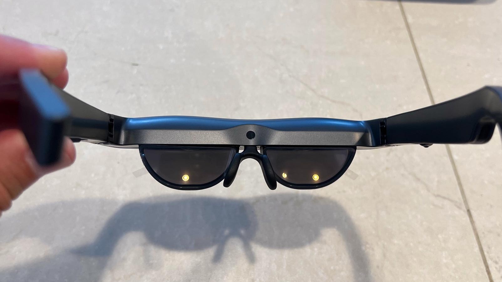 A look down at the lenses and screen of the TCL smart glasses