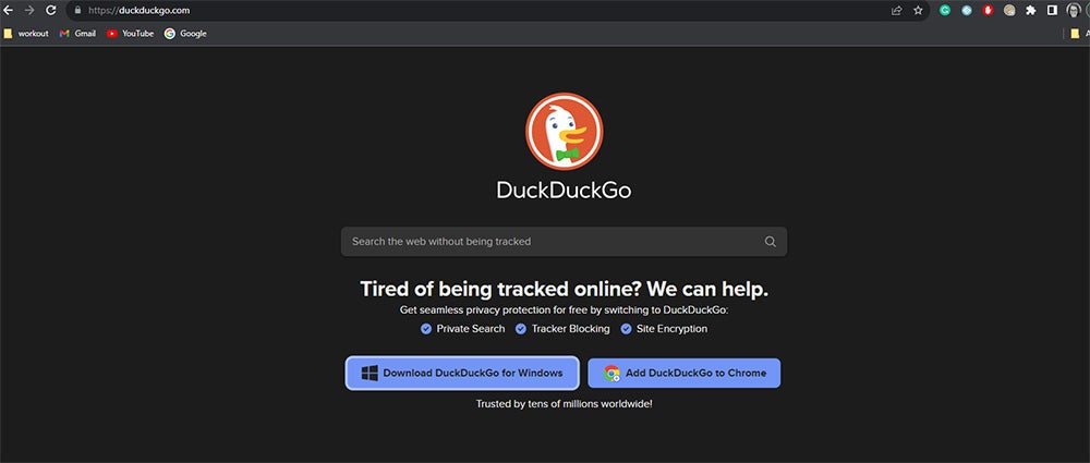 The DuckDuckGo search engine in a Google Chrome browser window.