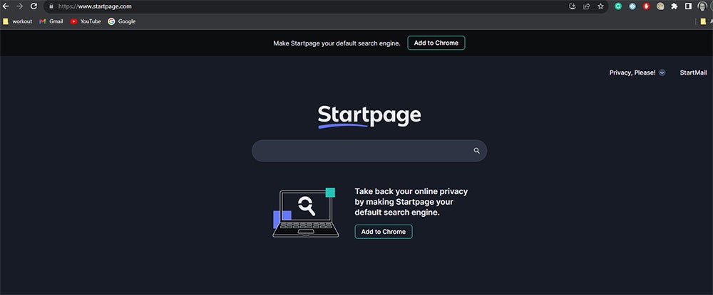 The Startpage search engine in a Google Chrome browser window.
