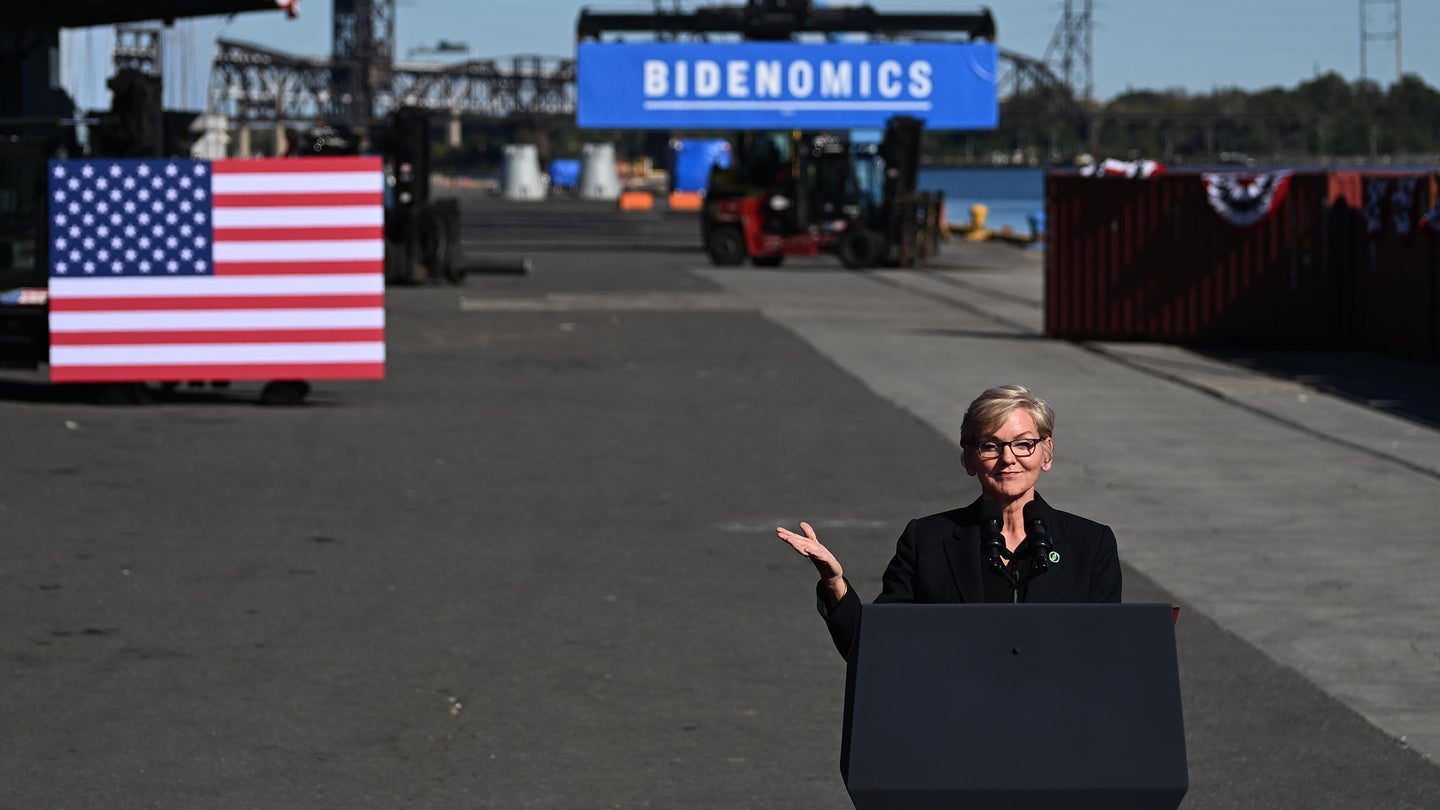 Secretary of Energy Jennifer Granholm speaks before US President Joe Biden at Tioga Marine Terminal on October 13, 2023 in Philadelphia, Pennsylvania. Biden discussed how his Bidenomics agenda is creating good-paying union jobs, investing in infrastructure, accelerating the transition to a clean energy future, and combating the climate crisis.