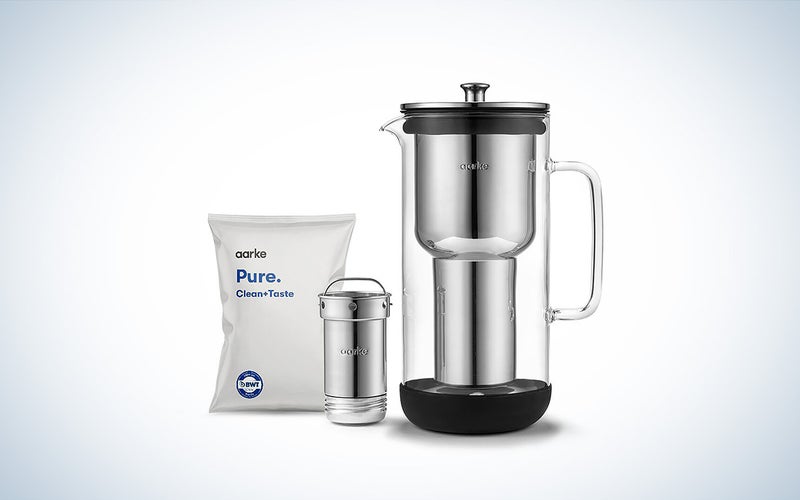 Aarke Purifier water filter pitcher against a white background