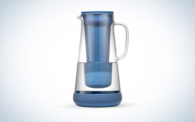 A blue LifeStraw Home Water Filter Pitcher 7-Cup against a white background