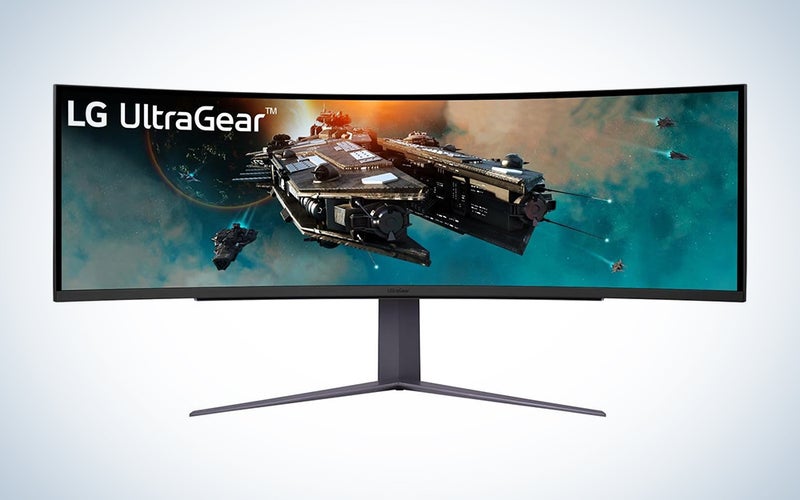 An LG curved gaming monitor on a blue and white background