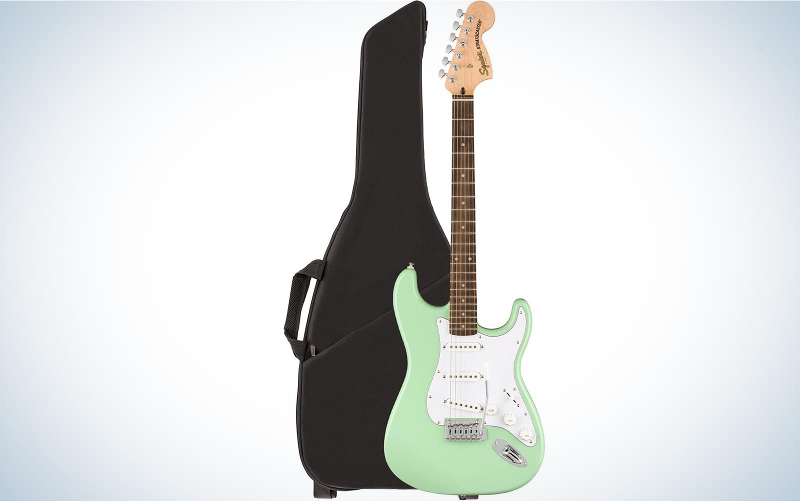 A light green Fender Squier Affinity Stratocaster Limited Edition guitar with its case on a plain background