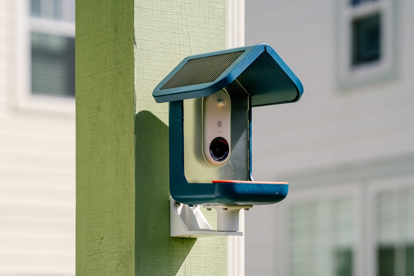 A blue Bird Buddy is mounted on a post in front of a house.