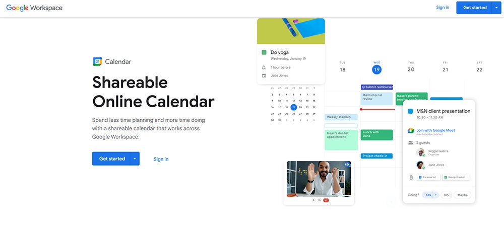 The homepage for Google Calendar on a desktop, which features a Get Started button and a sample calendar with entries pulled out as an example.