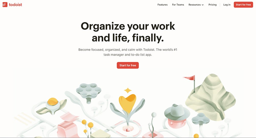 The homepage of the Todoist app, which features abstract illustrations of flowers, mountains, and a man in a fedora.