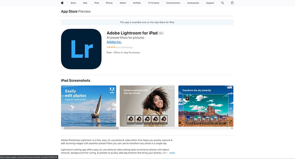 The homepage for Adobe Lightroom, which features the black logo with the blue letters L and R inside and three phots of a sailboat on the water, a portrait of a woman, and a editing a photos of a mountainous area.