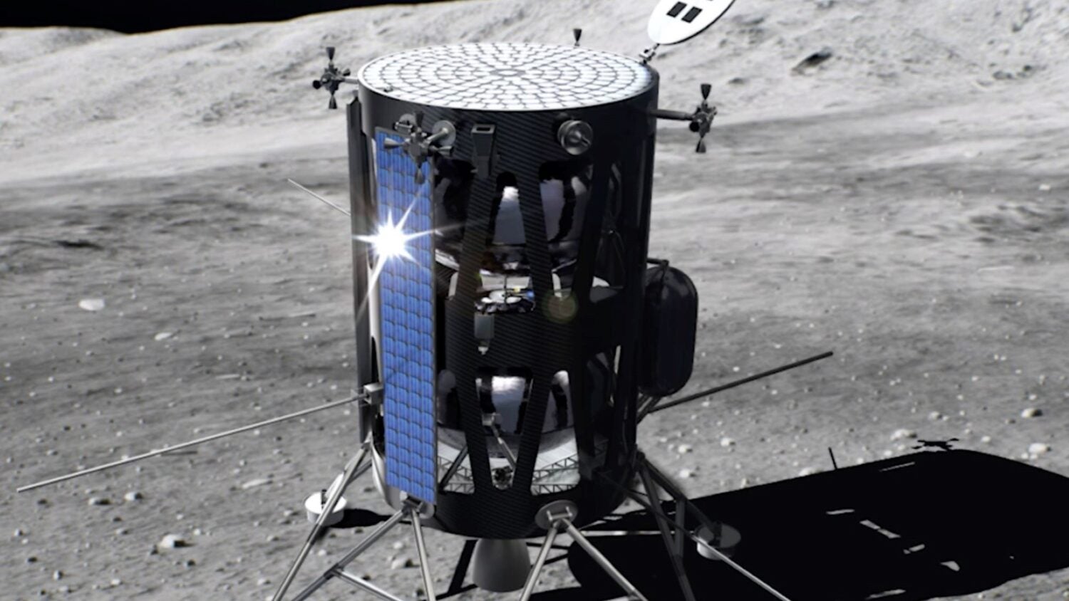 A blue and black spacecraft on the moon's gray surface, in a computer illustration.