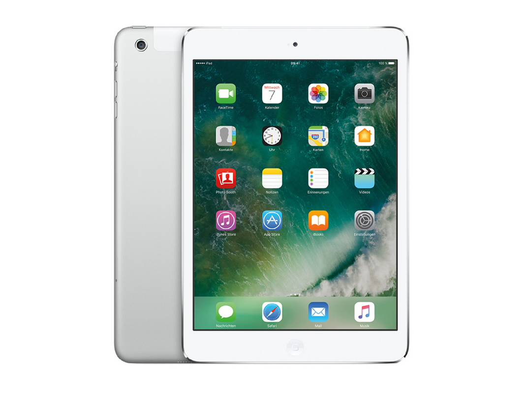 A silver iPad mini on a plain background