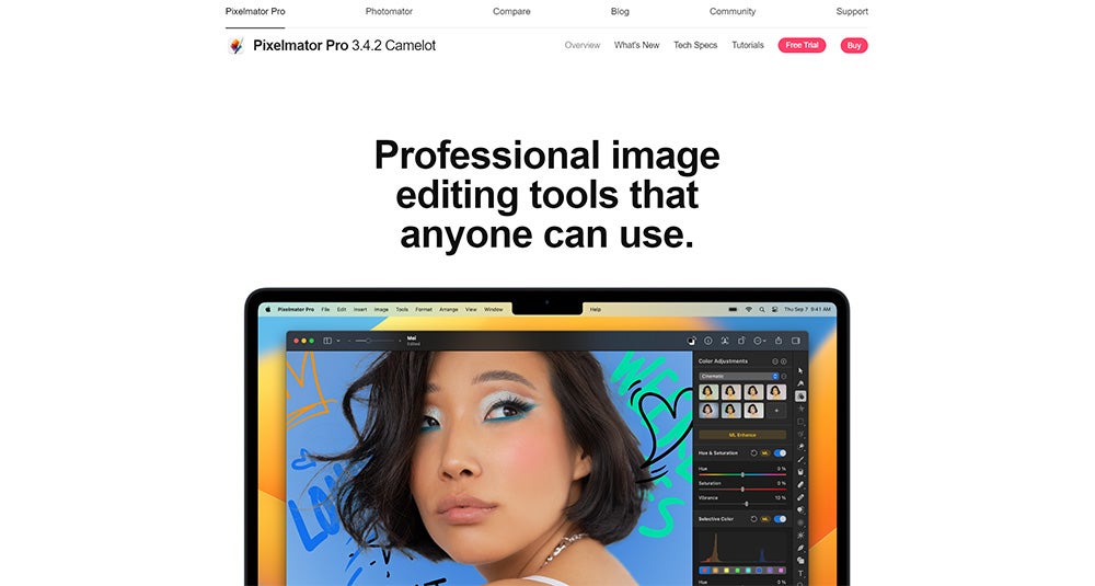 The homepage for the Pixelmator Pro app, which features an editing app with a photo of a woman with artistically drawn text in the background.