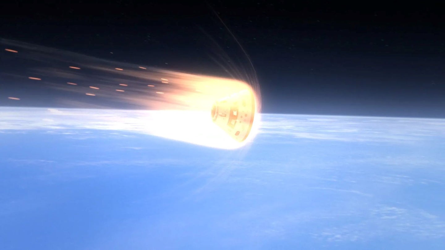 Orang heat radiates from a reentering space capsule in NASA artwork.