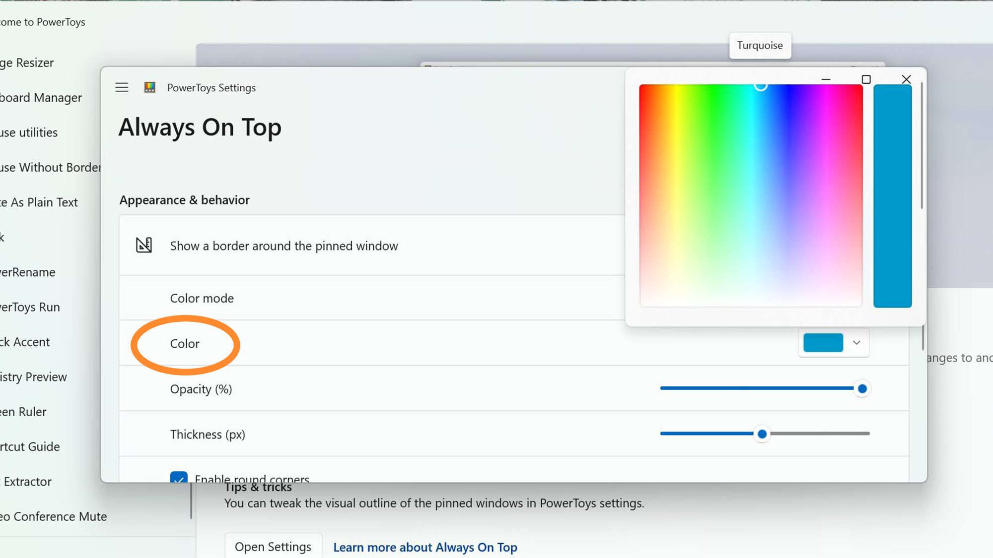 Always on Top settings on the Powertoys app showing the color settings and the color picker. 