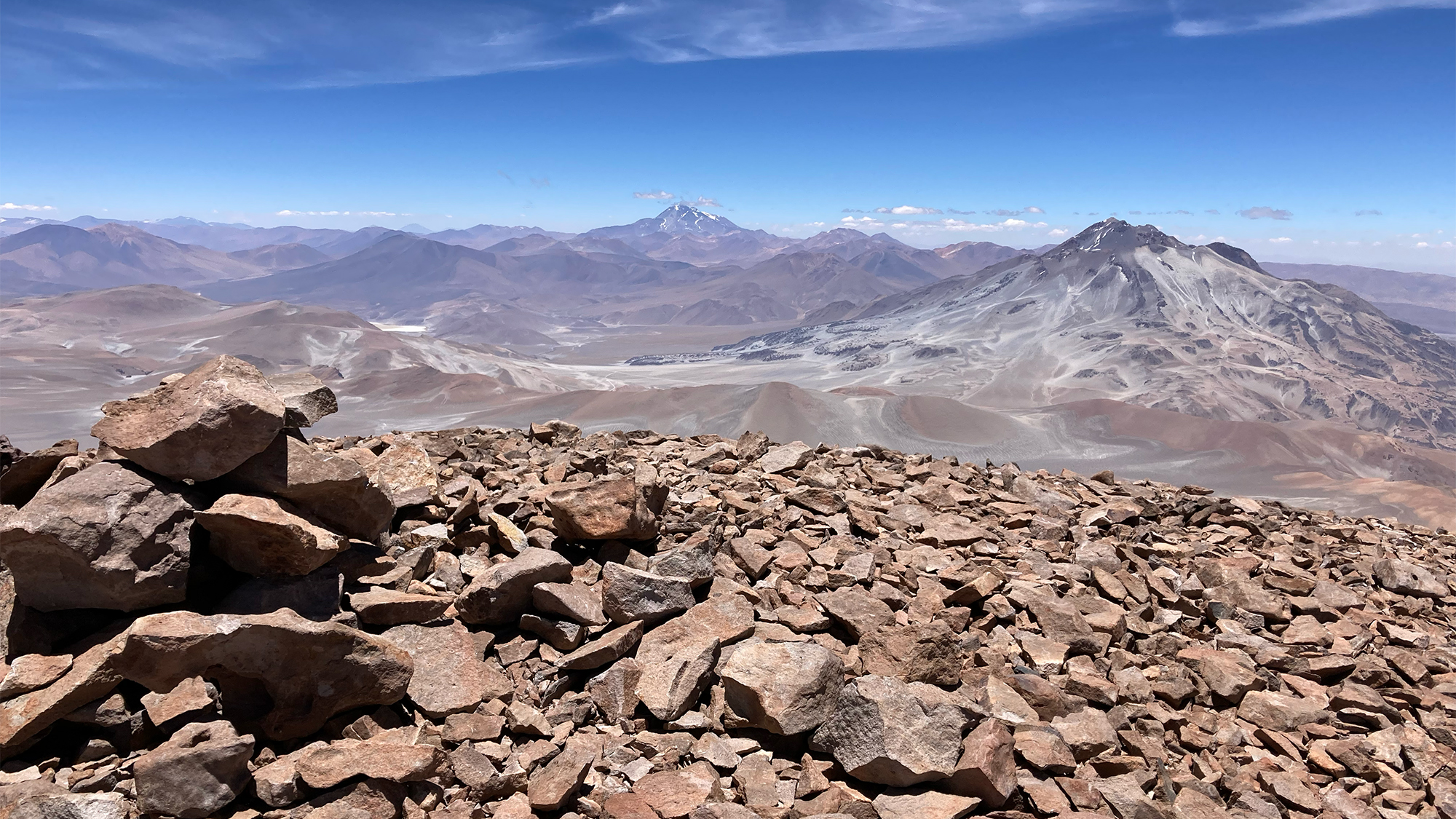 A view from the summit of Volcán Salín, one of three Andean volcanoes where researchers uncovered the mummified cadavers of mice. Analyses of the mummies, combined with the capture of live specimens, suggest that the rodents scaled the Mars-like peaks on their own — and are somehow managing to live on them.