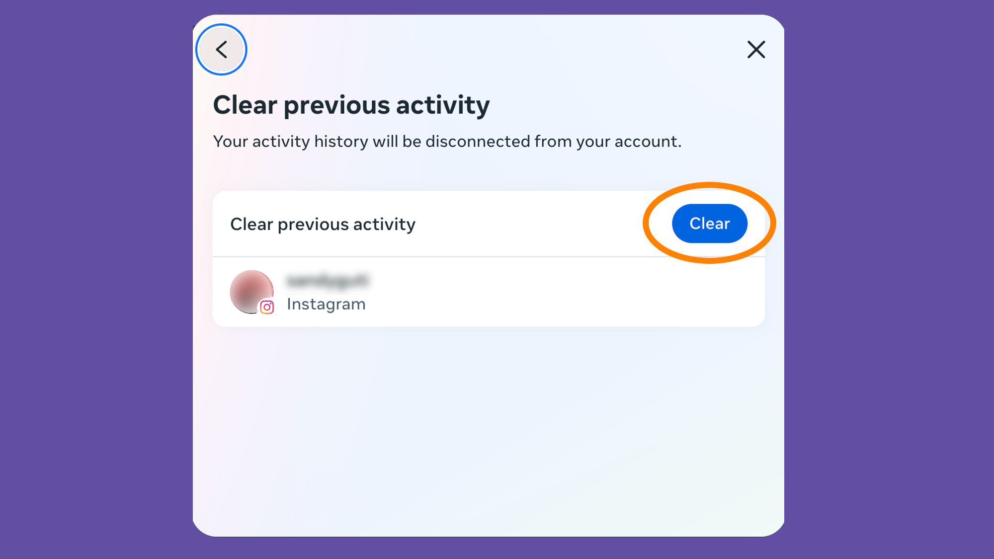 The Clear third party activity menu on Instagram