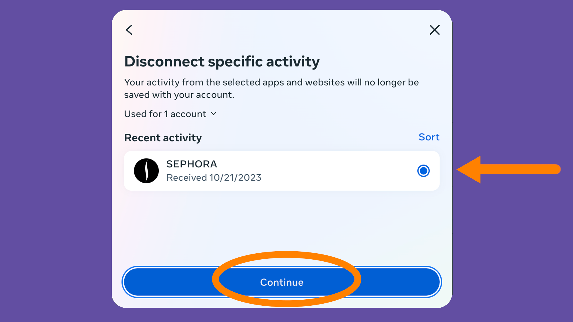 The Disconnect Specific Activity menu on Instagram showing an entry from Sephora. 