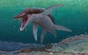 An illustration of tje oldest megapredatory pliosaur, Lorrainosaurus, in the sea that covered what is now northern France 170 million years ago. The reptile has large jaws that are open, bearing two rows of very sharp teeth and four pectoral fins.