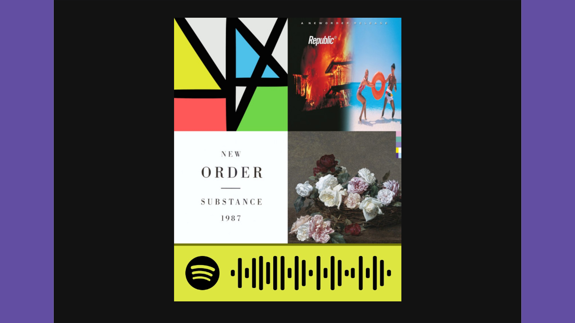 Código do Spotify mostrando uma compilação de capas de álbuns da banda britânica New Order