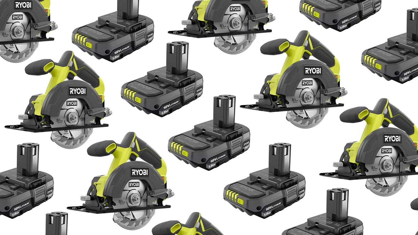 Ryobi circular saws and tool batteries arranged in a repeating pattern on a plain background